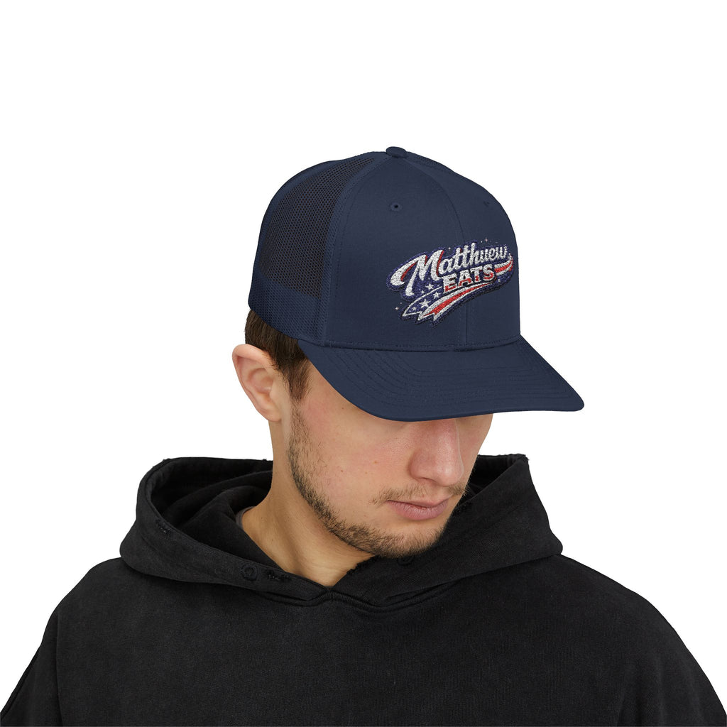 Patriotic 'Matthews Hats' Trucker Cap – Embroidered American Flag Snapback