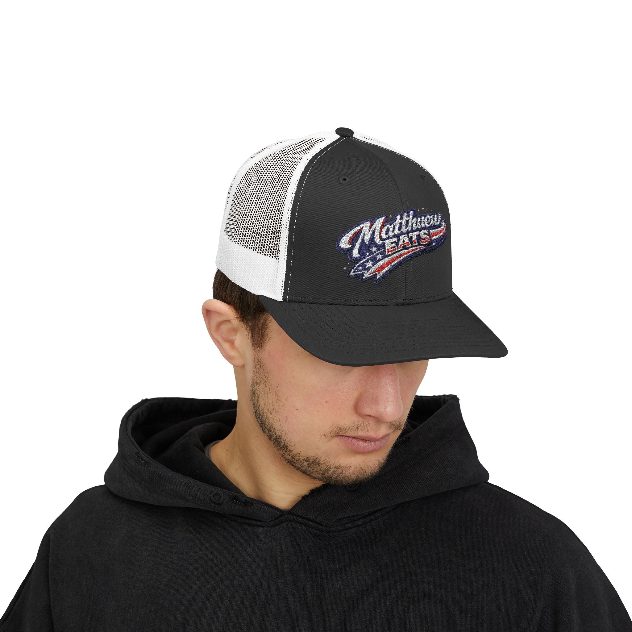 Patriotic 'Matthews Hats' Trucker Cap – Embroidered American Flag Snapback