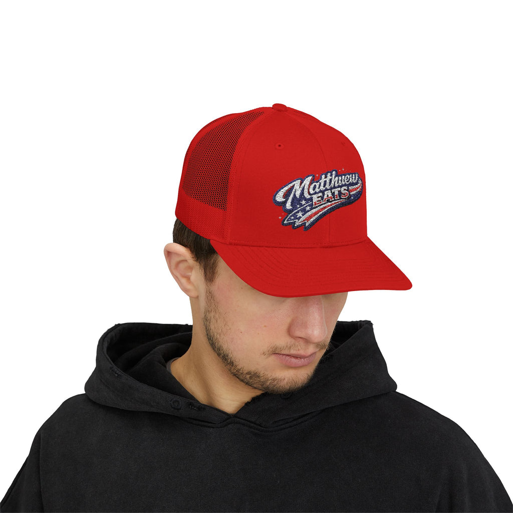 Patriotic 'Matthews Hats' Trucker Cap – Embroidered American Flag Snapback